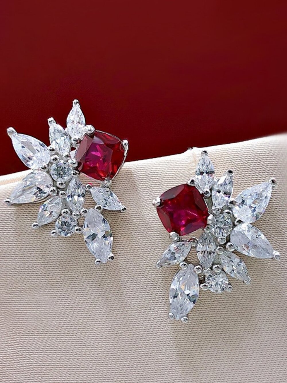 Crystal red earrings bridal floral